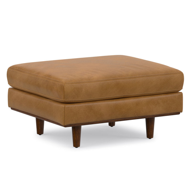 Ottoman, Sienna Genuine Leather with Brown Wood Legs