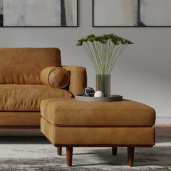 Ottoman, Sienna Genuine Leather with Brown Wood Legs