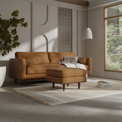 Ottoman, Sienna Genuine Leather with Brown Wood Legs