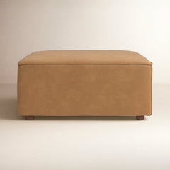 Ottoman, Tan Top-Grain Leather with Brown Wood Legs