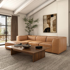 Ottoman, Tan Top-Grain Leather with Brown Wood Legs