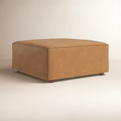 Ottoman, Tan Top-Grain Leather with Brown Wood Legs