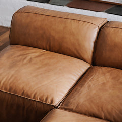 Ottoman, Tan Top-Grain Leather with Brown Wood Legs