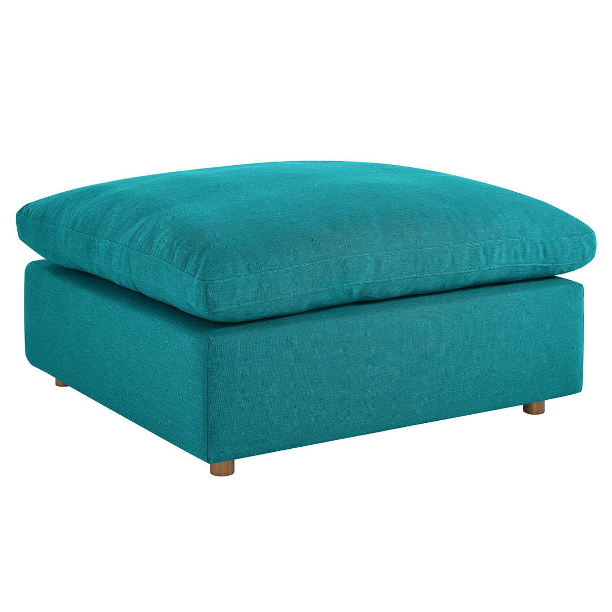 Ottoman, Teal Plainweave Polyester with Walnut Wood Legs