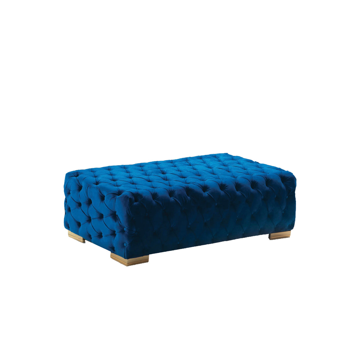 Ottoman, Tufted Blue Velvet with Golden Yellow Metal Legs