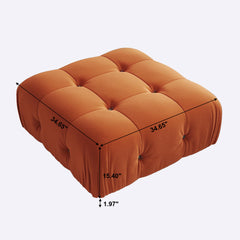 Ottoman, Tufted Orange Velvet, Black Wood Legs
