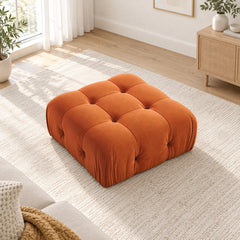 Ottoman, Tufted Orange Velvet, Black Wood Legs