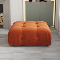 Ottoman, Tufted Orange Velvet, Black Wood Legs