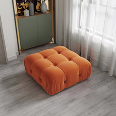 Ottoman, Tufted Orange Velvet, Black Wood Legs