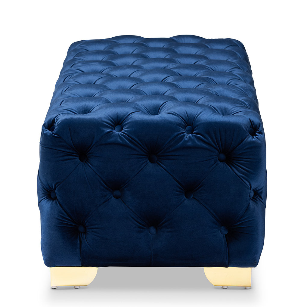 Ottoman, Tufted Velvet with Gold Metal Legs in Royal Blue
