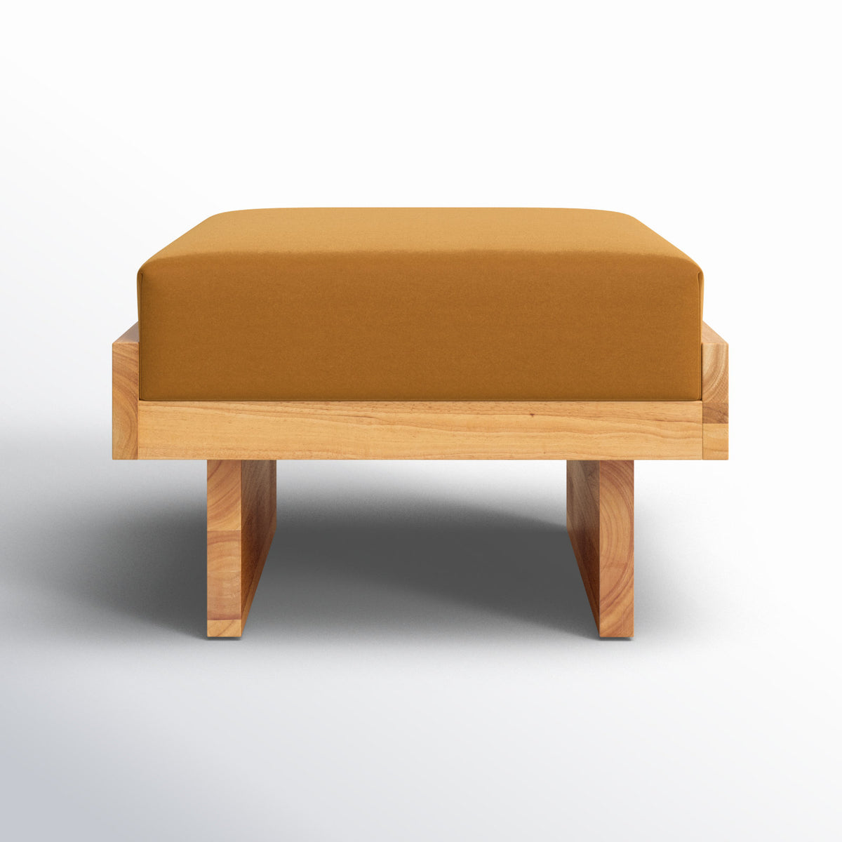 Ottoman, Velvet Upholstery, Mustard with Natural Wood Legs