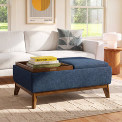 Ottoman with Flip-Top Storage in Denim Blue Chenille