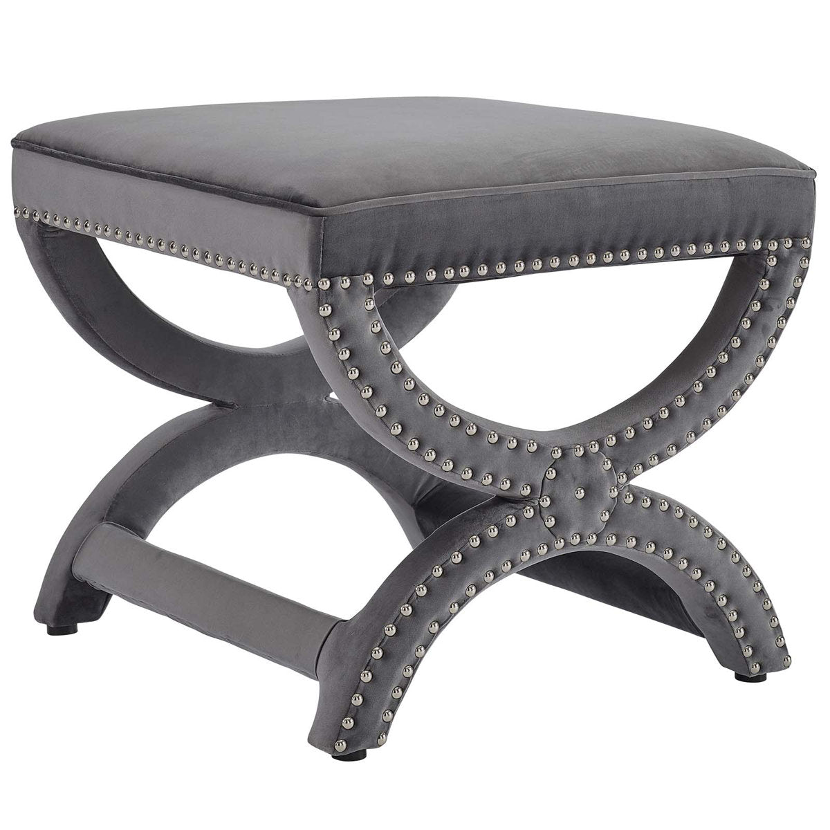 Ottoman with Nailhead Trim in Gray Polyester Blend