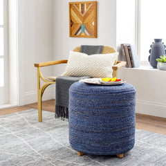 Ottoman with Solid Mango Wood Frame and Woven Jute Upholstery