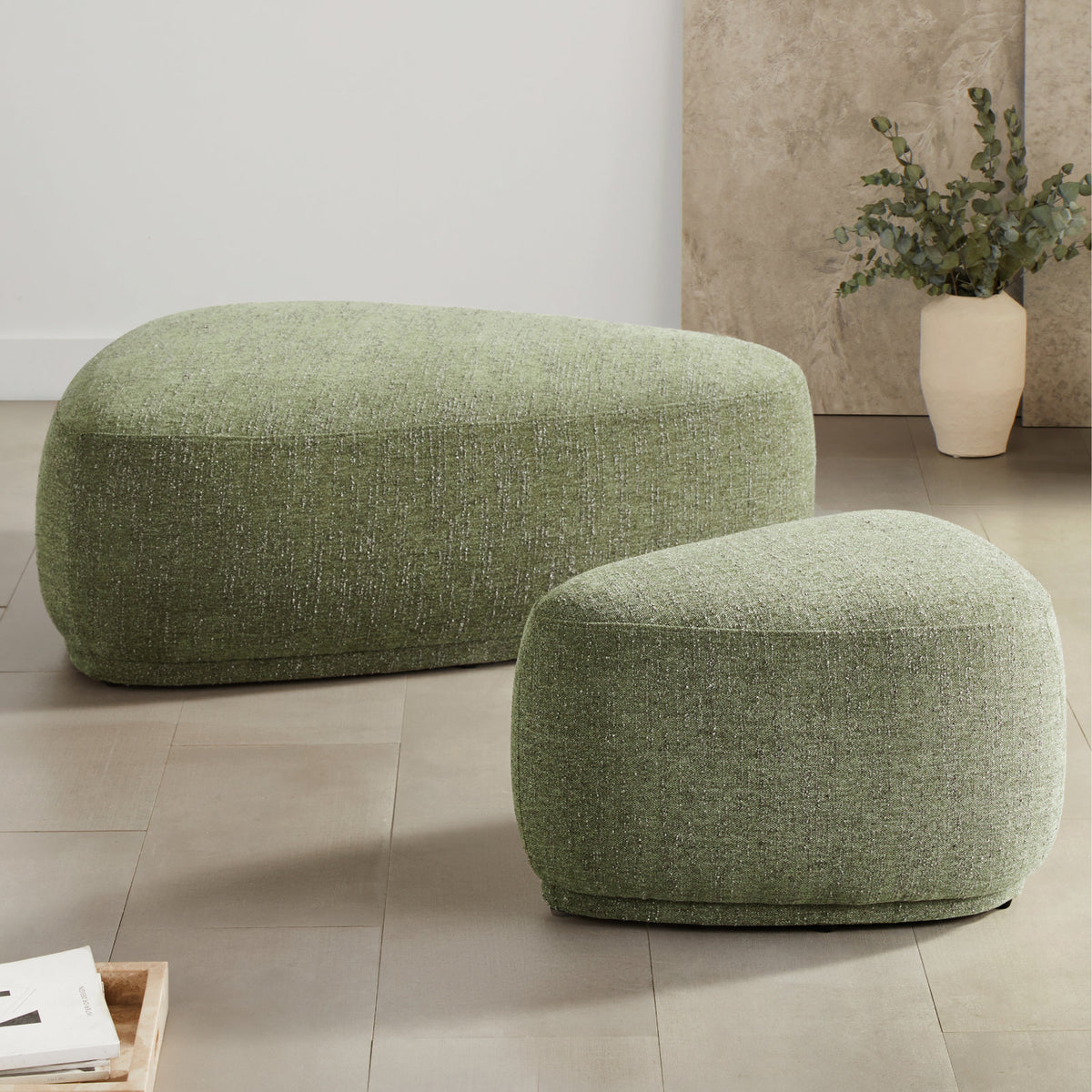 Ottomans, Set of 2, Mellow Forest Boucle with Black Legs