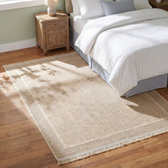 Outdoor Area Rug, 6'7" x 9', Tan Polypropylene with Fringe