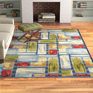 Outdoor Area Rug, 8' x 11'4", Blue with Geometric Pattern