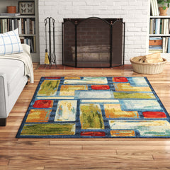 Outdoor Area Rug, 8' x 11'4", Blue with Geometric Pattern