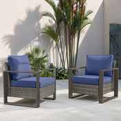 Outdoor Chairs, Set of 2, Gray Metal Frame with Blue Cushions