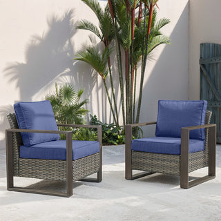 Outdoor Chairs, Set of 2, Gray Metal Frame with Blue Cushions