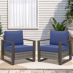 Outdoor Chairs, Set of 2, Gray Metal Frame with Blue Cushions