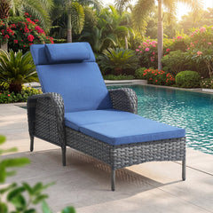 Outdoor Chaise Lounge with 5-Position Reclining Backrest, Blue Cushion