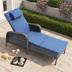 Outdoor Chaise Lounge with 5-Position Reclining Backrest, Blue Cushion