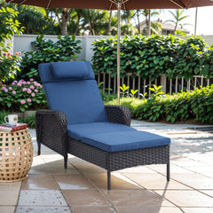 Outdoor Chaise Lounge with 5-Position Reclining Backrest, Blue Cushion