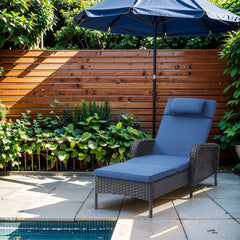 Outdoor Chaise Lounge with 5-Position Reclining Backrest, Blue Cushion