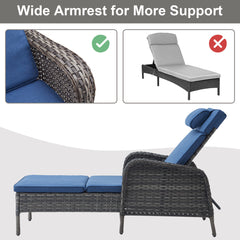 Outdoor Chaise Lounge with 5-Position Reclining Backrest, Blue Cushion