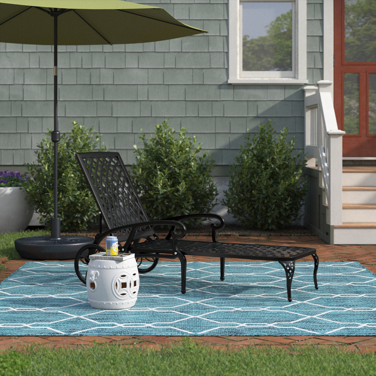 Outdoor Chaise Lounge with Reclining Back in Black Aluminum