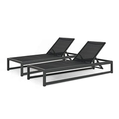 Outdoor Chaise Lounges, Set of Two, Black and Gray Mesh with Aluminum Frame