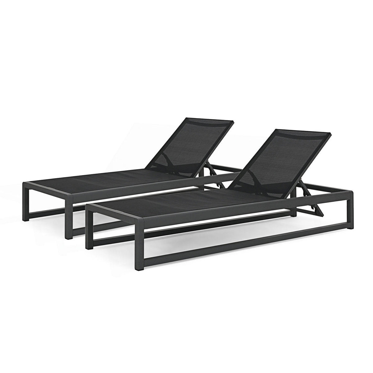 Outdoor Chaise Lounges, Set of Two, Black and Gray Mesh with Aluminum Frame