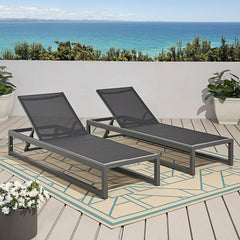 Outdoor Chaise Lounges, Set of Two, Black and Gray Mesh with Aluminum Frame