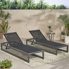 Outdoor Chaise Lounges, Set of Two, Black and Gray Mesh with Aluminum Frame