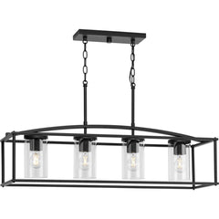 Outdoor Chandelier with 4 Clear Glass Shades in Matte Black Steel