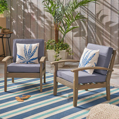 Outdoor Club Chairs, Set of 2, Gray Acacia Wood with Dark Gray Cushions
