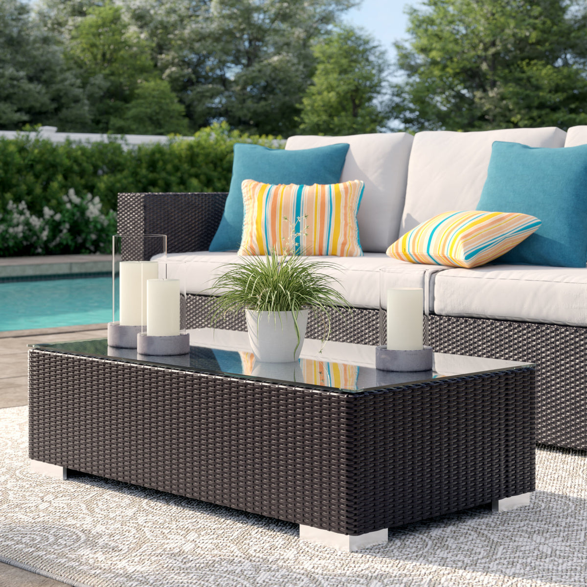 Outdoor Coffee Table in Espresso Wicker with Glass Top and Aluminum Frame