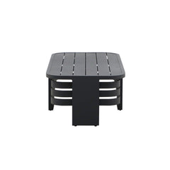 Outdoor Coffee Table, Oval, Black Powder-Coated Metal with Slatted Top