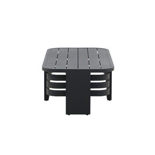 Outdoor Coffee Table, Oval, Black Powder-Coated Metal with Slatted Top