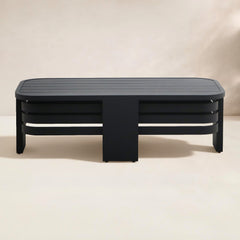 Outdoor Coffee Table, Oval, Black Powder-Coated Metal with Slatted Top