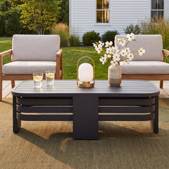 Outdoor Coffee Table, Oval, Black Powder-Coated Metal with Slatted Top