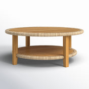 Outdoor Coffee Table, Round Solid Teak Wood with Lower Shelf, Brown
