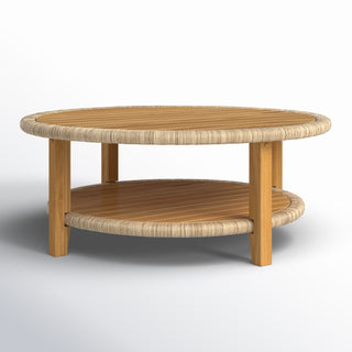 Outdoor Coffee Table, Round Solid Teak Wood with Lower Shelf, Brown