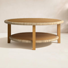 Outdoor Coffee Table, Round Solid Teak Wood with Lower Shelf, Brown