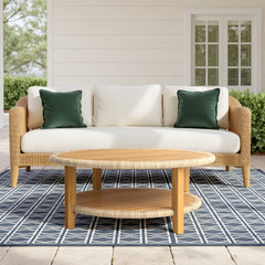 Outdoor Coffee Table, Round Solid Teak Wood with Lower Shelf, Brown