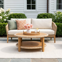 Outdoor Coffee Table, Round Solid Teak Wood with Lower Shelf, Brown