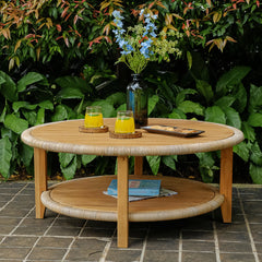 Outdoor Coffee Table, Round Solid Teak Wood with Lower Shelf, Brown