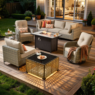 Outdoor Conversation Set with Fire Pit, 9 Pieces, Beige Cushions
