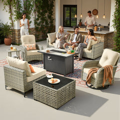Outdoor Conversation Set with Fire Pit, 9 Pieces, Beige Cushions